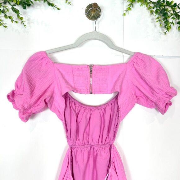 NWT Sundays Dress Gauze Cotton Small Pink Mini Open zip Back Short Puff Sleeve - Picture 9 of 16